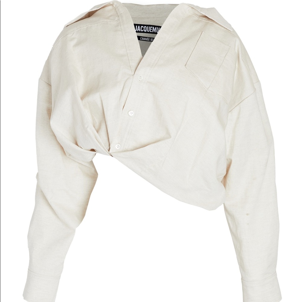 Jacquemus Mejean Cropped Twisted Cotton and Linen-Blend Shirt Neutrals FR40 - Picture 4 of 14